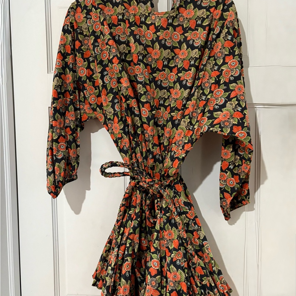 RHODE Black Floral Tie-Waist Dress with Orange and Green Print